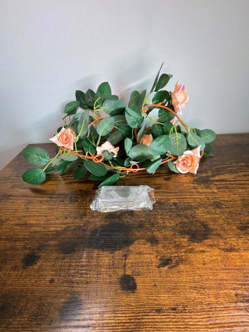 Artificial Peach Rose Vine Garland with LED String Lights